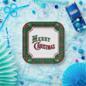 Assiettes En Carton Joyeux Noël vert Plaid avec Holly (Fête)