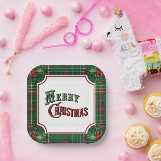 Assiettes En Carton Joyeux Noël vert Plaid avec Holly (Fête)