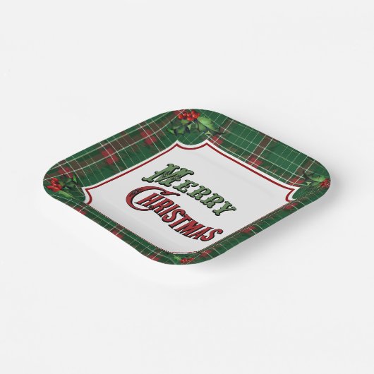 Assiettes En Carton Joyeux Noël vert Plaid avec Holly (Angulaire)