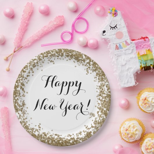 Assiettes En Carton Joyeux Nouvel An Elégant Or et Blanc (Fête)