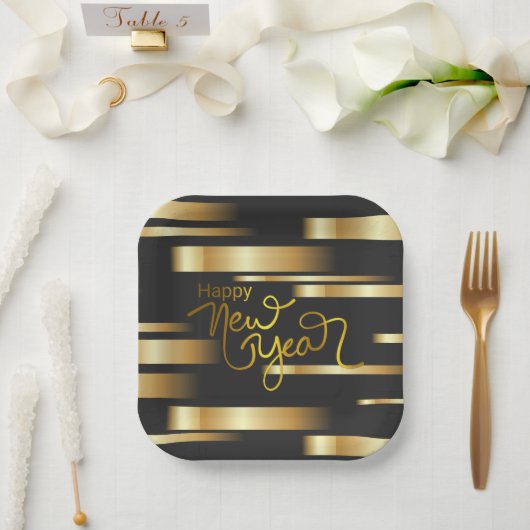 Assiettes En Carton Joyeux Nouvel An Gold Striped (Mariage)