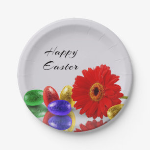Assiettes En Carton Joyeux Oeufs de Pâques colorés avec Gerbera