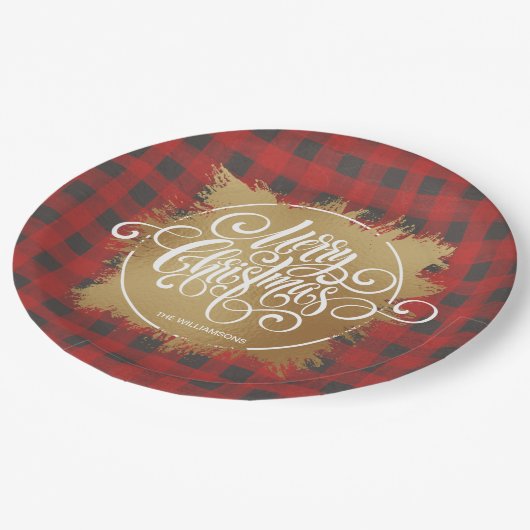 Assiettes En Carton Joyeux or Buffle de Noël Plaid (Angle)