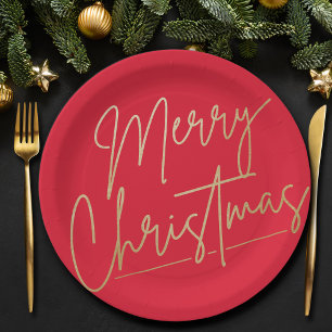 Assiettes En Carton Joyeux or de Noël en rouge