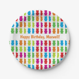 Assiettes En Carton Joyeux Ours de Gummy d'anniversaire avec nom plaq