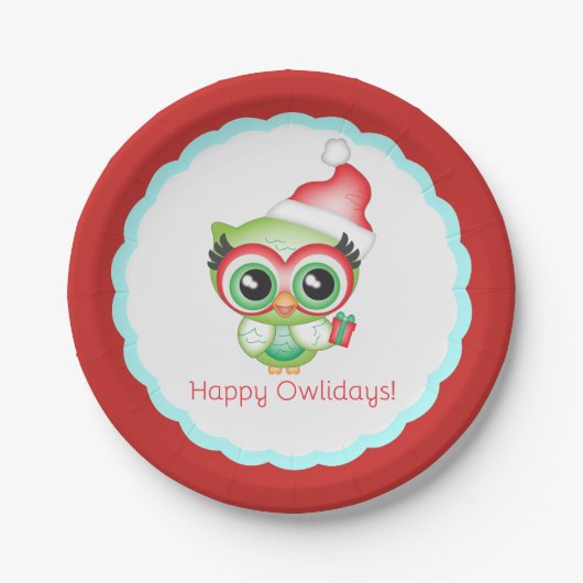 Assiettes En Carton Joyeux Owlidays Noël Santa Hat Holiday Owl (Devant)