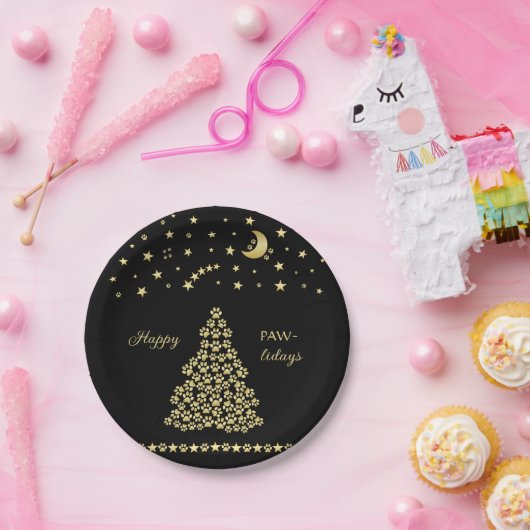 Assiettes En Carton Joyeux Pawlidays, Or brillant Paw sapin de Noël (Fête)