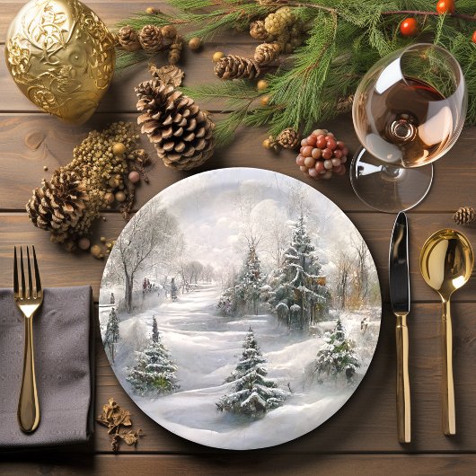 Assiettes En Carton Joyeux paysage de la forêt d'hiver de Noël