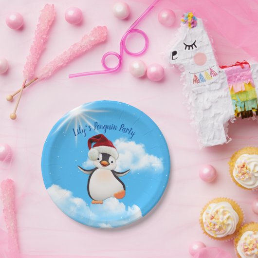 Assiettes En Carton Joyeux pingouins, Père Noël-casquette (Fête)