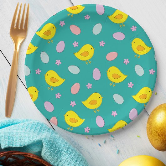 Assiettes En Carton Joyeux Poulets Motifs de Pâques Oeufs Turquoises C