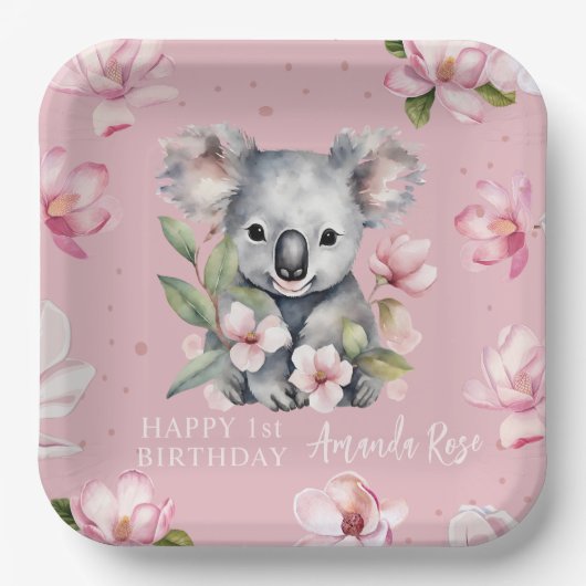 Assiettes En Carton Joyeux premier anniversaire aquarelle Koala (Recto)