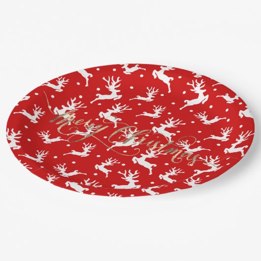 Assiettes En Carton Joyeux rennes de Noël Rouge (Angle)