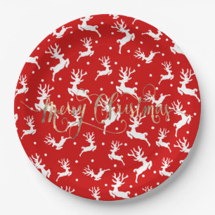 Assiettes En Carton Joyeux rennes de Noël Rouge