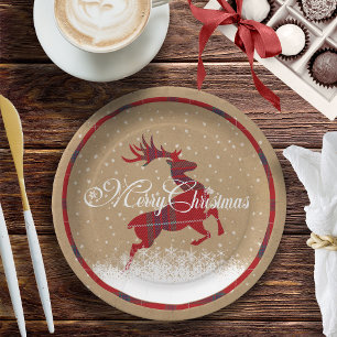 Assiettes En Carton Joyeux rennes de Noël Tartan Rouge/Kraft ID590
