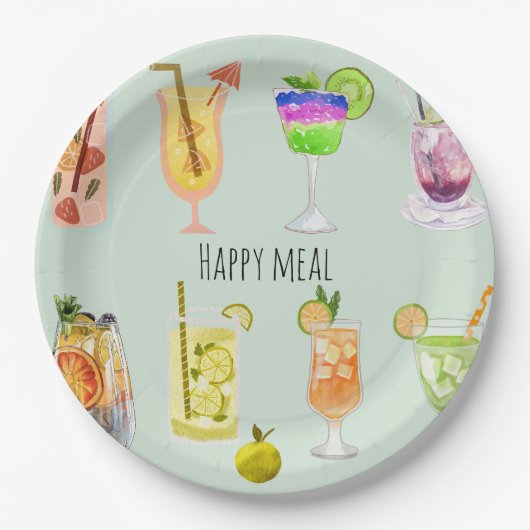 Assiettes En Carton Joyeux repas Elégant cocktail d'aquarelle Annivers (Devant)