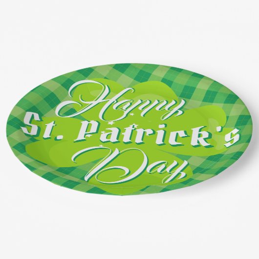 Assiettes En Carton Joyeux Saint Patrick's Day Tartan vert Lucky Clove (Angle)
