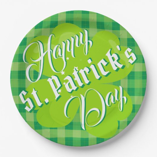 Assiettes En Carton Joyeux Saint Patrick's Day Tartan vert Lucky Clove (Devant)