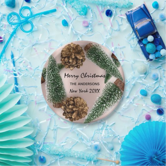 Assiettes En Carton Joyeux sapin de Noël Vert Rose de neige blanche (Fête)