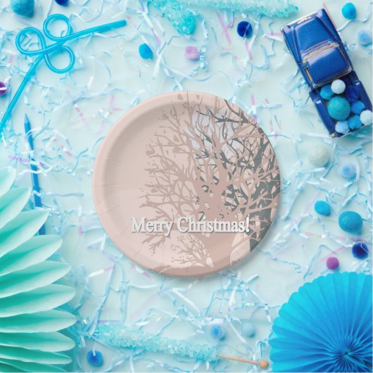 Assiettes En Carton Joyeux sapin silhouette de Noël en bei rose vif (Fête)