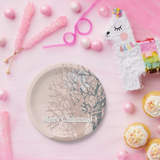 Assiettes En Carton Joyeux sapin silhouette de Noël en bei rose vif (Fête)