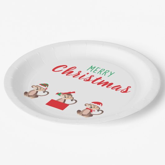 Assiettes En Carton Joyeux singes de Noël Casquettes de Noël (Angle)