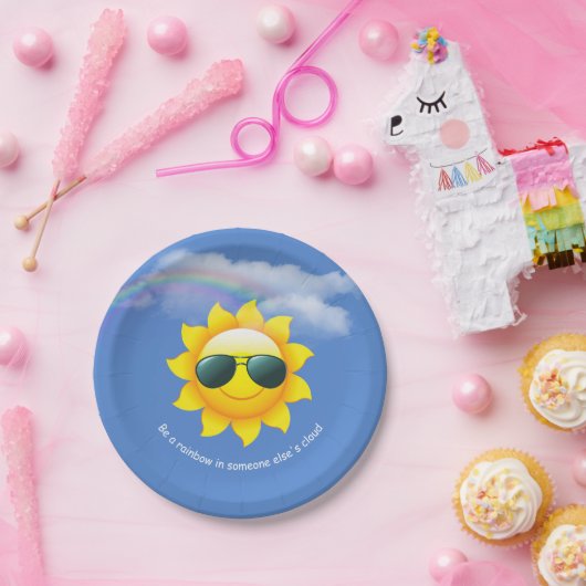 Assiettes En Carton Joyeux soleil avec arc-en-ciel et citation (Fête)