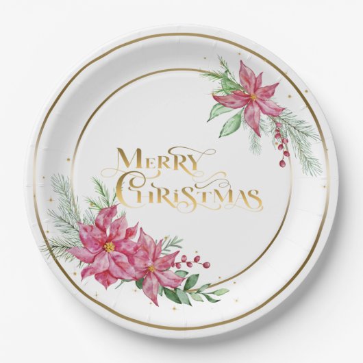 Assiettes En Carton Joyeux texte de Noël or avec Poinsettias et Pine (Devant)