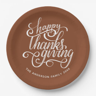 Assiettes En Carton Joyeux Thanksgiving Modern Script Harvest Brun