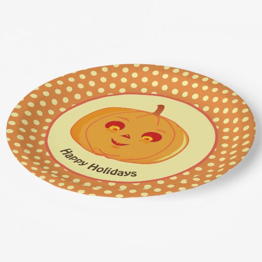 Assiettes En Carton Joyeux Vacances Citrouille Visage et Pois (Angle)