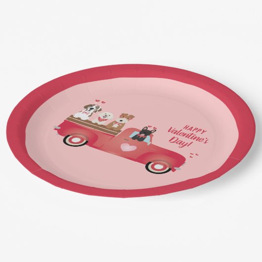 Assiettes En Carton Joyeux Valentines Jour Pickup Camion Aimer Chiens (Angle)