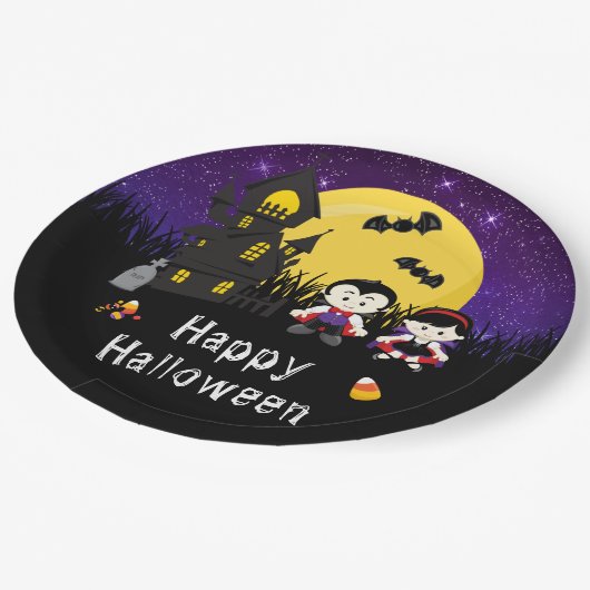 Assiettes En Carton Joyeux Vampires du parti Halloween violet (Angle)