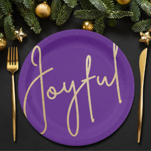 Assiettes En Carton JOYFUL Gold Faux Foil Purple Noël