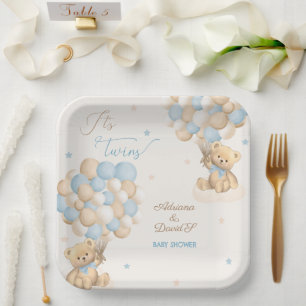 Assiettes En Carton Jumeaux Garçons Ballons Ours Bleu Baby Shower