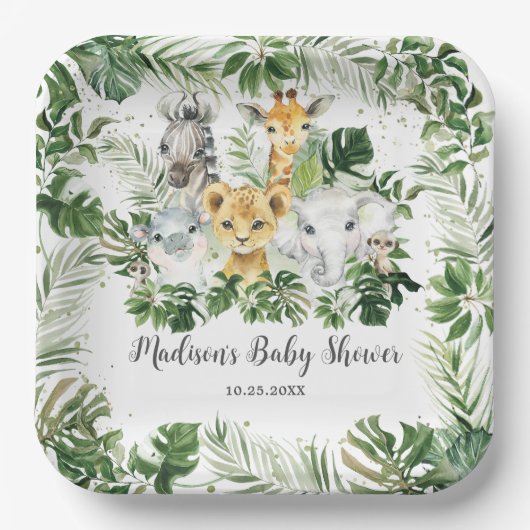 Assiettes En Carton Jungle Animal Safari Vert Baby shower Neutre (Recto)