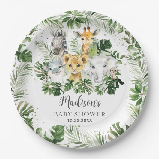 Assiettes En Carton Jungle Animal Safari Vert Baby shower Neutre (Devant)