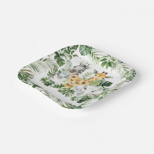 Assiettes En Carton Jungle Animal Safari Vert Baby shower Neutre (Angulaire)