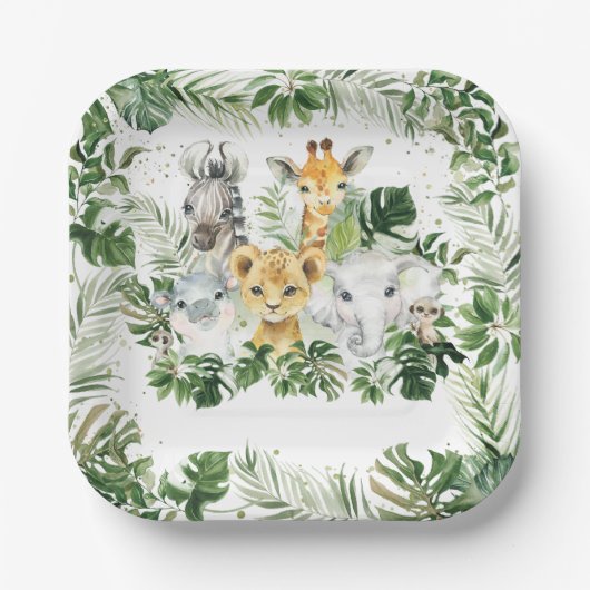 Assiettes En Carton Jungle Animal Safari Vert Baby shower Neutre (Recto)