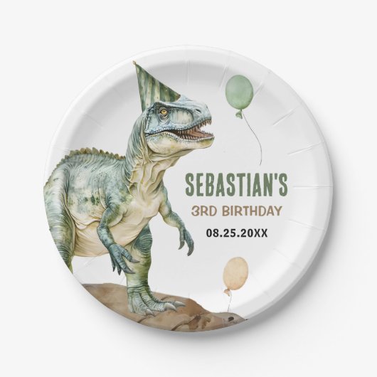 Assiettes En Carton Jungle Dinosaur T Rex 3e fête d'anniversaire (Devant)