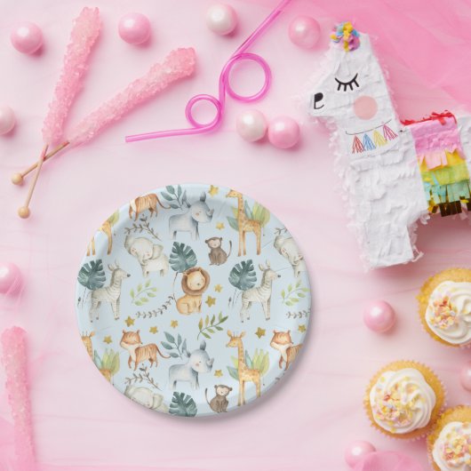 Assiettes En Carton Jungle safari animaux bleu bébé fête d'anniversair (Fête)