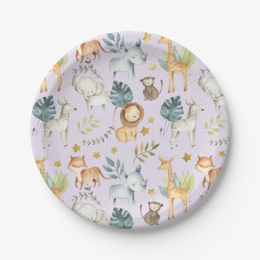 Assiettes En Carton Jungle safari animaux violet fille 2e anniversaire (Devant)