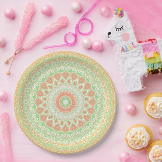 Assiettes En Carton Kaleidoscope d'été vert et orange brillant (Fête)