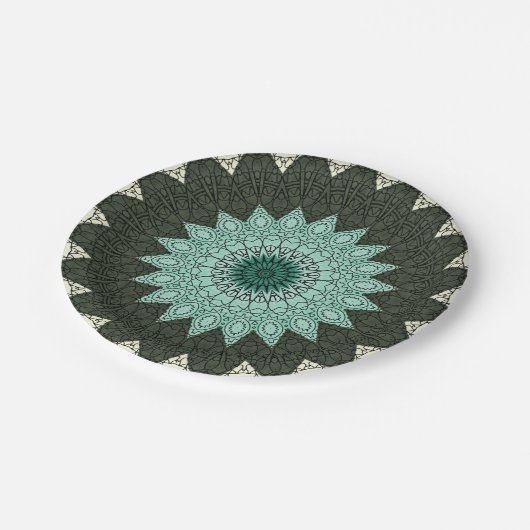 Assiettes En Carton Kaleidoscope Mandala en vert et bleu (Angle)