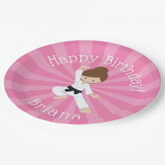 Assiettes En Carton Karate Anniversaire Fille rose (Angle)