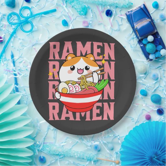 Assiettes En Carton Kawaii Chat manger Ramen (Fête)
