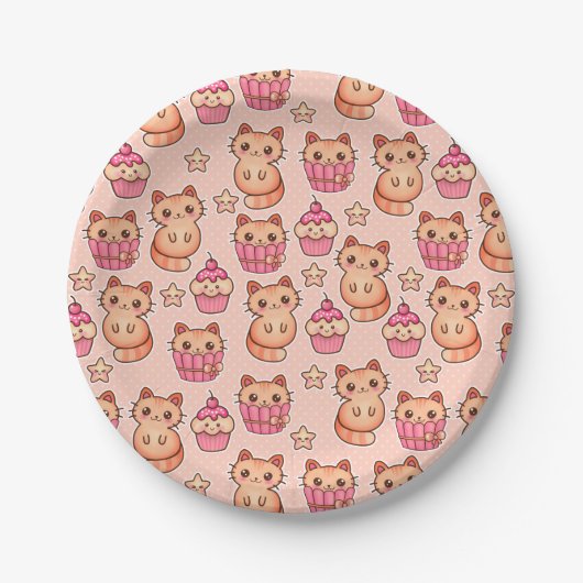 Assiettes En Carton Kawaii Cute Cats and Cupcakes Motif rose (Devant)