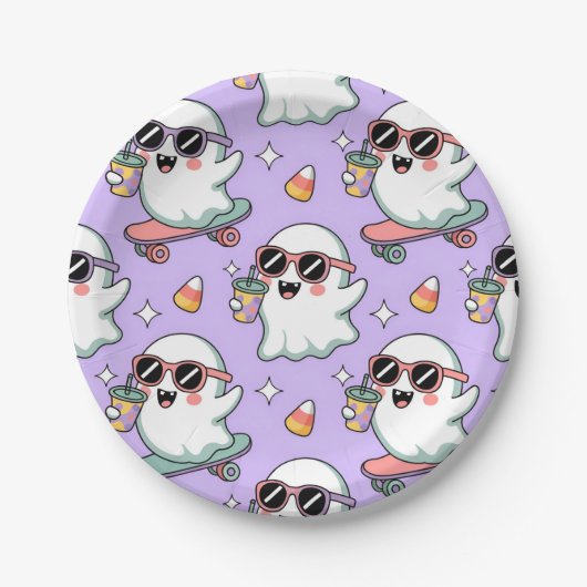 Assiettes En Carton Kawaii Ghost Bubble Tea Motif -Cute Pastel Ghost (Devant)