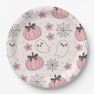 Assiettes En Carton Kawaii Halloween rose Fantômes et Citrouilles