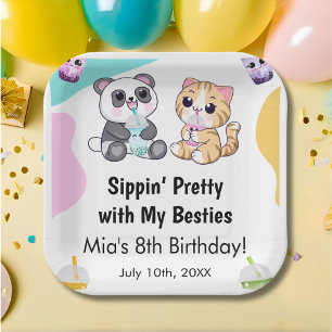 Assiettes En Carton Kawaii Panda et Tigre Bubble Tea Anniversaire Enfa