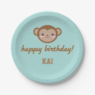 Assiettes En Carton Kawaii Singe fête d'anniversaire bleu vert