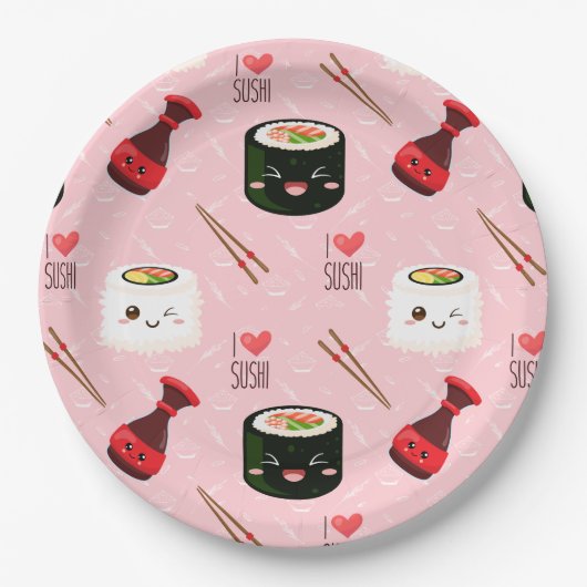 Assiettes En Carton Kawaii Sushi Motif rose clair (Devant)